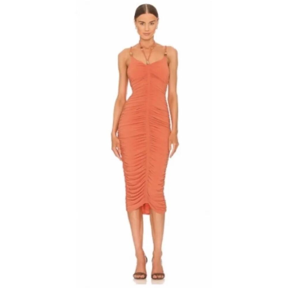 ALC Allegra Ruched Bead Embellished Midi Dress Sangria Size S NWT